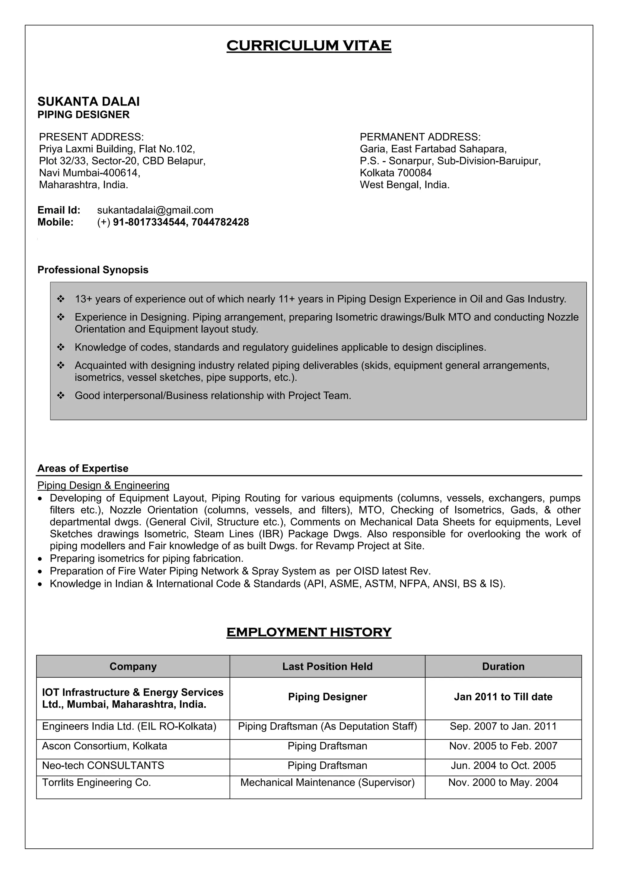 CV_SUKANTA DALAI (PIPING DESIGNER) | PDF