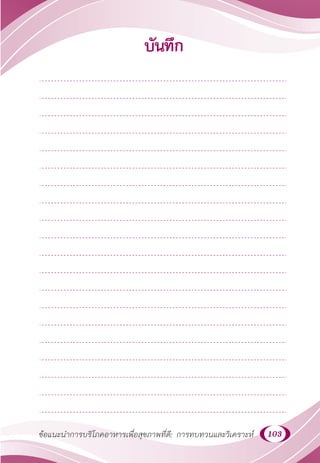 103
ข้อแนะนำ�การบริโภคอาหารเพื่อสุขภาพที่ดี: การทบทวนและวิเคราะห์
บันทึก
 