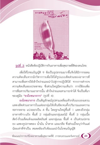 25
ข้อแนะนำ�การบริโภคอาหารเพื่อสุขภาพที่ดี: การทบทวนและวิเคราะห์
รูปที่ 3 หนังสือข้อปฏิบัติการกินอาหารเพื่อสุขภาพที่ดีของคนไทย
เพื่อให้โภชนบัญญัติ 9 ข้อเป็นรูปธรรมมากขึ้นจึงได้มีการระดม
ความคิดเห็นจากนักวิชาการเพื่อให้ได้รูปแบบสัดส่วนของอาหารที่
สามารถสื่อสารให้เข้าใจง่ายและนำ�ไปสู่การปฏิบัติได้ จากการสำ�รวจ
ความคิดเห็นของประชาชน ซึ่งส่วนใหญ่มีความเห็นว่า การใช้ธงเพื่อ
การสื่อสารปริมาณอาหารนั้น เข้าใจง่ายและสามารถจำ�ได้ จึงเป็นที่มา
ของคู่มือ “ธงโภชนาการ” (รูปที่ 4)
ธงโภชนาการ เป็นสัญลักษณ์รูปสามเหลี่ยมหัวกลับแบบธงแขวน
แสดงสัดส่วนอาหารในแต่ละกลุ่มให้เห็นชัดเจนทั้งปริมาณและความ
หลากหลาย แบ่งออกเป็น 4 ชั้น โดยฐานใหญ่ชั้นที่ 1 แสดงถึงกลุ่ม
อาหารข้าว-แป้ง ชั้นที่ 2 กลุ่มผักและกลุ่มผลไม้ ชั้นที่ 3 กลุ่มเนื้อ
สัตว์-ถั่วเมล็ดแห้งและผลิตภัณฑ์ และกลุ่มนม ชั้นที่ 4 เป็นส่วนปลาย
ธง แสดงรูปภาพของ นํ้ามัน นํ้าตาล และเกลือ ซึ่งส่วนนี้ระบุว่ากินแต่
น้อยเท่าที่จำ�เป็น สอดคล้องกับข้อแนะนำ�ในโภชนบัญญัติ
 