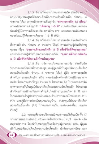 54 ข้อแนะนำ�การบริโภคอาหารเพื่อสุขภาพที่ดี: การทบทวนและวิเคราะห์
		 2.1.3 สื่อ นวัตกรรมโภชนาการสมวัย สำ�หรับ อสม./
แกนนำ�ชุมชน/ศูนย์พัฒนาเด็กเล็ก/สถานรับเลี้ยงเด็ก จำ�นวน 4
รายการ ได้แก่ ภาพพลิกอาหารเพื่อลูกรัก “ทารกแรกเกิด-12 เดือน”
ภาพพลิกอาหารเพื่อลูกรัก “เด็กอายุ 1-5 ปี” แบบประเมินตนเองของ
พ่อแม่/ผู้ให้อาหารเด็กแรกเกิด-12 เดือน (P1) และแบบประเมินตนเอง
ของพ่อแม่/ผู้ให้อาหารเด็กอายุ 1-5 ปี (P2)
		 2.1.4 สื่อ นวัตกรรมโภชนาการสมวัย สำ�หรับนักการ
สื่อสารท้องถิ่น จำ�นวน 2 รายการ ได้แก่ สาระความรู้สำ�หรับวิทยุ
ชุมชน เรื่อง “อาหารเด็กแรกเกิดถึง 5 ปี เพื่อชีวิตที่ดีของลูกคุณ”
และสาระความรู้สำ�หรับหอกระจายข่าวเรื่อง “อาหารเด็กแรกเกิดถึง
5 ปี เพื่อชีวิตที่ดีของเด็กไทยในชุมชน”
		 2.1.5 สื่อ นวัตกรรมโภชนาการสมวัย สำ�หรับนัก
วิชาการและเจ้าหน้าที่สาธารณสุข และผู้ดูแลเด็กในศูนย์พัฒนาเด็กเล็ก/
สถานรับเลี้ยงเด็ก จำ�นวน 6 รายการ ได้แก่ คู่มือ อาหารตามวัย
สำ�หรับทารกและเด็กเล็ก คู่มือ ผดด.ร่วมใจสร้างเด็กไทยมีโภชนาการ
สมวัย โปรแกรมสำ�เร็จรูป จำ�นวน 3 โปรแกรม คือ โปรแกรมการจัด
อาหารกลางวันในศูนย์พัฒนาเด็กเล็กและสถานรับเลี้ยงเด็ก โปรแกรม
สำ�เร็จรูปการเฝ้าระวังการเจริญเติบโตเด็กอายุแรกเกิด-18 ปี และ
โปรแกรมสำ�เร็จรูปการประเมินตนเองด้านอาหารและโภชนาการ (P1-
P7) และคู่มือการประเมินชุมชน/หมู่บ้าน (P3)/ศูนย์พัฒนาเด็กเล็ก/
สถานรับเลี้ยงเด็ก (P4) โภชนาการสมวัย ระดับยอดเยี่ยม (แหล่ง
เรียนรู้)
2.2 ทดสอบสื่อ และนวัตกรรมโภชนาการสมวัยต้นฉบับ ทั้ง 17
รายการทดสอบกับกลุ่มเป้าหมายในจังหวัดนนทบุรี และจังหวัด
สมุทรปราการ โดยนำ�ไปทดสอบกับเครือข่ายผู้ปกครอง อสม. ผู้ดูแล
เด็กในศูนย์พัฒนาเด็กเล็ก/สถานรับเลี้ยงเด็ก นักจัดรายการวิทยุ และ
 