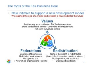 The roots of the Fair Business Deal

•  New initiative to support a new development model
  We reached the end of a model and present a new model for the future

                                 Values
              Another way to do business - The fair business way
            Share collaborative values - Give more meaning to work
                          Not profit but values centric




          Federations                        Redistribution
          Coalitons of businesses         100% of the wealth is redistributed
         Distributed work systems     (deals, jobs, innovation, pensions, debts…)
             Not pyramid but                  Not capitalism, not social but
    « Network as organizations » centric          Distributed capitalism        3
 
