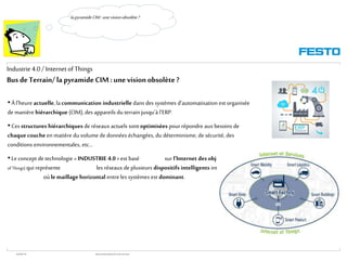 WGOM/F-FR RéseauxIndustriels/BusdeTerrain1èrePartie
Industrie4.0/ Internetof Things
Bus deTerrain/ lapyramideCIM:unevision obsolète ?
• Àl'heure actuelle, lacommunication industrielle dans des systèmes d'automatisation est organisée
de manière hiérarchique (CIM),des appareils du terrainjusqu'à l'ERP.
• Cesstructures hiérarchiques de réseaux actuels sont optimisées pourrépondre auxbesoins de
chaque couche en matière du volume de données échangées, du déterminisme, de sécurité, des
conditions environnementales, etc…
• Le concept de technologie « INDUSTRIE 4.0 »est basé sur l‘Internet desobjets (IdO, Internet
of Things) qui représente les réseaux de plusieurs dispositifs intelligents interconnectés;
où lemaillage horizontal entre les systèmes est dominant.
lapyramideCIM:unevisionobsolète?
 