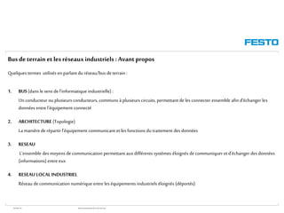 WGOM/F-FR RéseauxIndustriels/BusdeTerrain1èrePartie
Busde terrain et lesréseauxindustriels :Avantpropos
Quelques termes utilisés en parlantdu réseau/bus deterrain :
1. BUS (dans le sens de l’informatique industrielle) :
Un conducteur ou plusieurs conducteurs, communs à plusieurs circuits, permettant de les connecter ensemble afin d’échanger les
données entre l’équipement connecté
2. ARCHITECTURE (Topologie)
La manière de répartirl’équipement communicant et les fonctions du traitement des données
3. RESEAU
L’ensemble des moyens de communication permettant aux différents systèmes éloignés decommuniquer etd’échanger des données
(informations) entre eux
4. RESEAU LOCAL INDUSTRIEL
Réseau de communication numérique entre les équipements industriels éloignés (déportés)
 