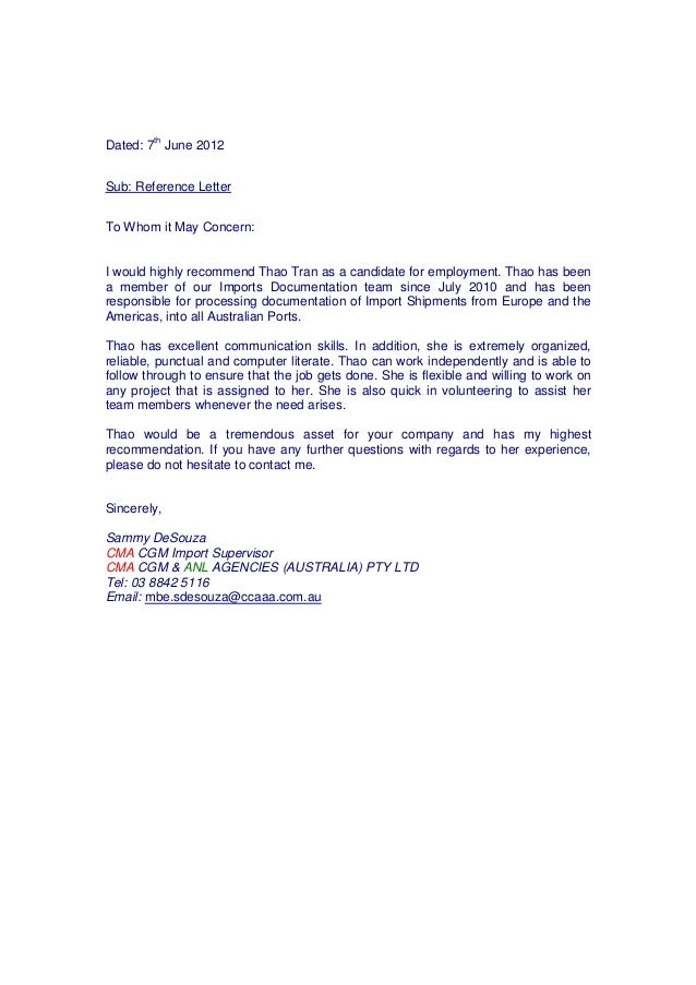 Reference letter CMA