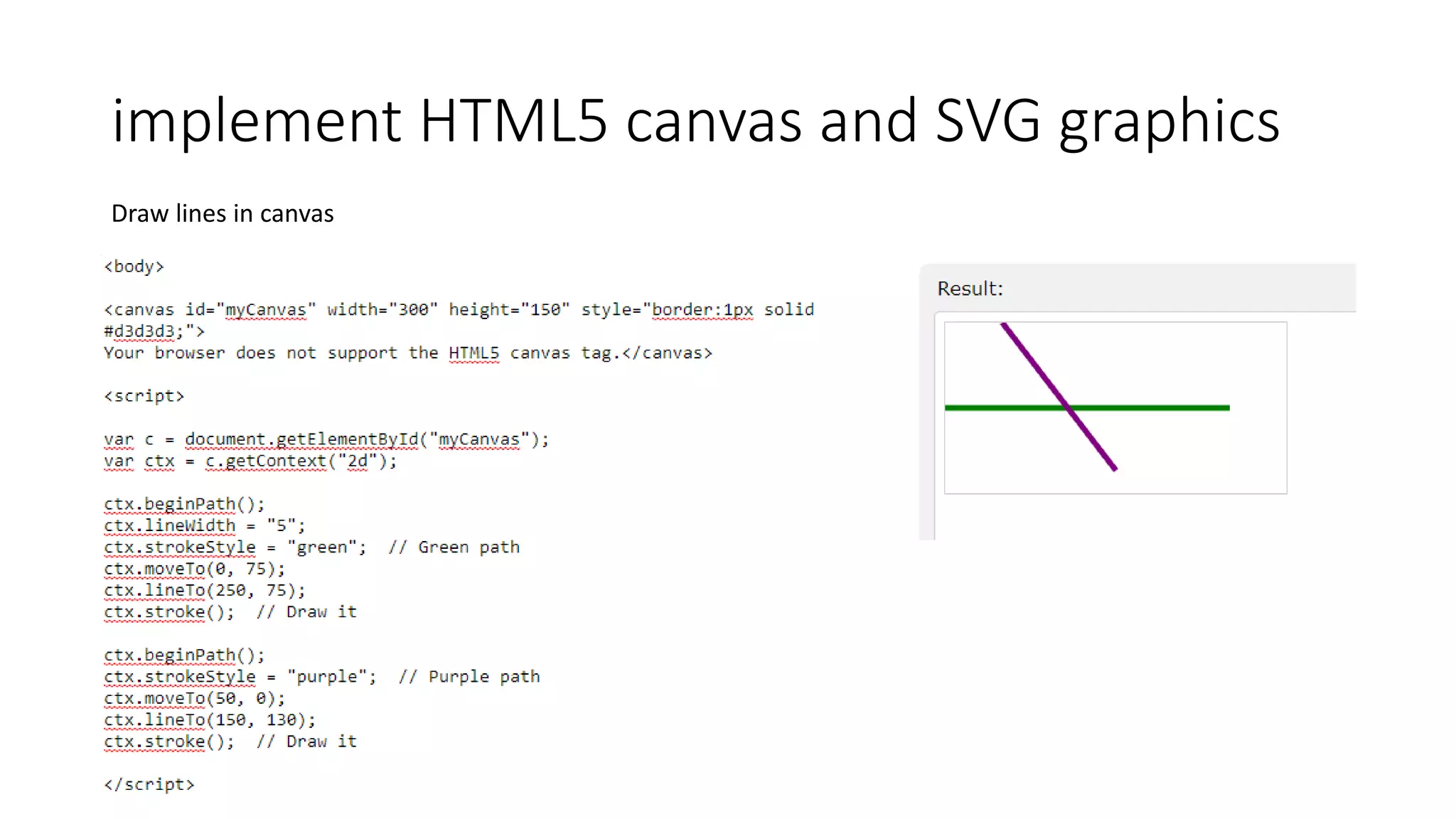 implement HTML5 canvas and SVG graphics
Draw lines in canvas
 