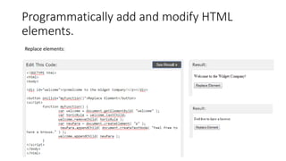 Programmatically add and modify HTML
elements.
Replace elements:
 