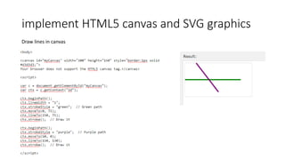 implement HTML5 canvas and SVG graphics
Draw lines in canvas
 