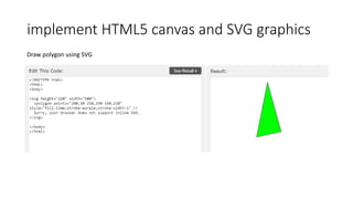 implement HTML5 canvas and SVG graphics
Draw polygon using SVG
 