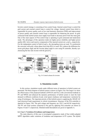 Vol. 64 (2015) Dynamic response improvement of hybrid system 305
Inverter control strategy is consisting of two control loops. Internal control loop is control the
grid current and external control loop is control the voltage .Internal control loop which is
responsible for power quality such as low total harmonic distortion (THD) and improvement
of power quality and external control loop is responsible for balancing the power. In grid-
connected mode hybrid system must supply local loads to decrease power from the main grid.
One of the main aspects of P-Q control loop is operating in grid connected and stand-alone
mode. The advantages of this operation mode are higher power reliability and higher power
quality [40]. Active and reactive components of the injected current are id and iq, respectively.
For the independent control of both id and iq, the decoupling terms are used. To synchronize
the converter with grid, a three phase lock loop (PLL) is used. PLL reduces the difference be-
tween grid phase angle and the inverter phase angle to zero using PI controller, thereby syn-
chronizing the line side inverter with the grid [41].
Fig. 14. Control scheme for inverter
6. Simulation results
In this section, simulation results under different terms of operation in hybrid system are
presented. The block diagram of hybrid system is shown in Figure 15a). Our target is to show
the effectiveness of the proposed methods (ANN-GA and FLC) with conventional methods in
PV and WPGS and enhanced the dynamic performance of hybrid system to meet the load
demand in different conditions (Load, wind speed, irradiance and temperature variations) by
using AI techniques. The important priority of this hybrid system is supplying the 100 kW AC
load (electrical load) requirement in critical circumstances. Structure of the P/Q controller is
depicted in Figure 15b). The grid voltage and frequency are 220 V and 60 Hz respectively.
The PV and wind systems connected to the grid by applying P-Q controller are shown in
Figures 16 and 17, respectively. Detailed model descriptions are given in Appendix A.
6.1. Case 1: Variation of irradiance and temperature
The main objective of this case is investigated comparative study of four widely-adopted
MPPT algorithms under variations of irradiance and temperature in PV system. The hybrid
Unauthenticated
Download Date | 6/16/15 11:08 AM
 