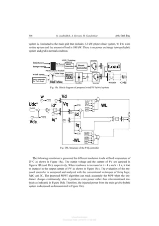 M. Izadbakhsh, A. Rezvani, M. Gandomkar Arch. Elect. Eng.306
system is connected to the main grid that includes 3.2 kW photovoltaic system, 97 kW wind
turbine system and the amount of load is 100 kW. There is no power exchange between hybrid
system and grid in normal condition.
Fig. 15a. Block diagram of proposed wind/PV hybrid system
Fig. 15b. Structure of the P-Q controller
The following simulation is presented for different insolation levels at fixed temperature of
25°C as shown in Figure 18a). The output voltage and the current of PV are depicted in
Figures 18b) and 18c), respectively. When irradiance is increased at t = 4 s and t = 8 s, it lead
to increase in the output current of PV as shown in Figure 18c). The evaluation of the pro-
posed controller is compared and analyzed with the conventional techniques of fuzzy logic,
P&O and IC. The proposed MPPT algorithm can track accurately the MPP when the irra-
diance changes continuously; also, it produces extra power rather than aforementioned me-
thods as indicated in Figure 18d). Therefore, the injected power from the main grid to hybrid
system is decreased as demonstrated in Figure 18e).
Unauthenticated
Download Date | 6/16/15 11:08 AM
 