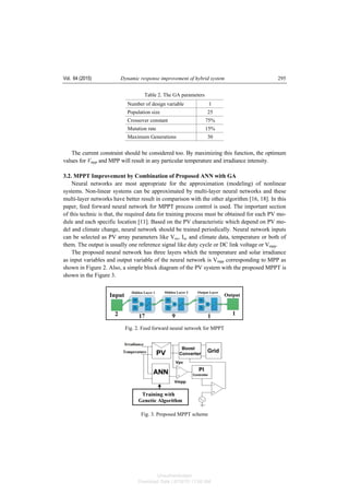 Vol. 64 (2015) Dynamic response improvement of hybrid system 295
Table 2. The GA parameters
Number of design variable 1
Population size 25
Crossover constant 75%
Mutation rate 15%
Maximum Generations 30
The current constraint should be considered too. By maximizing this function, the optimum
values for Vmpp and MPP will result in any particular temperature and irradiance intensity.
3.2. MPPT Improvement by Combination of Proposed ANN with GA
Neural networks are most appropriate for the approximation (modeling) of nonlinear
systems. Non-linear systems can be approximated by multi-layer neural networks and these
multi-layer networks have better result in comparison with the other algorithm [16, 18]. In this
paper, feed forward neural network for MPPT process control is used. The important section
of this technic is that, the required data for training process must be obtained for each PV mo-
dule and each specific location [11]. Based on the PV characteristic which depend on PV mo-
del and climate change, neural network should be trained periodically. Neural network inputs
can be selected as PV array parameters like Voc, Isc and climate data, temperature or both of
them. The output is usually one reference signal like duty cycle or DC link voltage or Vmpp.
The proposed neural network has three layers which the temperature and solar irradiance
as input variables and output variable of the neural network is Vmpp corresponding to MPP as
shown in Figure 2. Also, a simple block diagram of the PV system with the proposed MPPT is
shown in the Figure 3.
Fig. 2. Feed forward neural network for MPPT
Fig. 3. Proposed MPPT scheme
Unauthenticated
Download Date | 6/16/15 11:08 AM
 