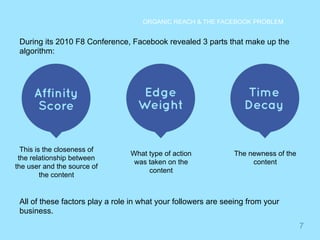 7 
ORGANIC REACH & THE FACEBOOK PROBLEM 
During its 2010 F8 Conference, Facebook revealed 3 parts that make up the 
algorithm: 
This is the closeness of 
the relationship between 
the user and the source of 
the content 
What type of action 
was taken on the 
content 
The newness of the 
content 
All of these factors play a role in what your followers are seeing from your 
business. 
 