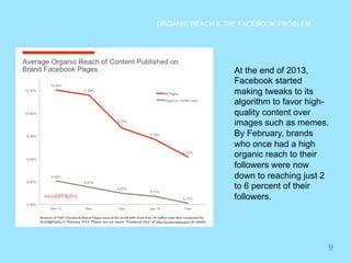 9 
ORGANIC REACH & THE FACEBOOK PROBLEM 
At the end of 2013, 
Facebook started 
making tweaks to its 
algorithm to favor high-quality 
content over 
images such as memes. 
By February, brands 
who once had a high 
organic reach to their 
followers were now 
down to reaching just 2 
to 6 percent of their 
followers. 
 
