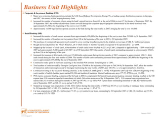 www.bog.ge/ir
January 2008
Corporate & Investment Banking (CIB)
Major new corporate client acquisitions include the UAE-based Rakeen Development, Energo Pro, a leading energy distribution company in Georgia,
and GPC, the country‟s third largest pharmacy chain.
Increased the number of corporate clients using the bank‟s payroll services from 480 at the end of 2006 to over 675 by the end of September 2007. By
30 September 2007, the number of individual clients serviced through the corporate payroll programs administered by the bank increased from
approximately 83,500 at the beginning of the year to over 135,000.
Approximately 16,000 legal entities opened accounts at the bank during the nine months in 2007, bringing the total to over 60,000.
Retail Banking (RB)
Increased the number of retail current accounts from approximately 420,000 at the beginning of the year to more than 595,000 by 30 September, 2007.
Increased the number of branches (service centers) from 100 at the beginning of the year to 109 by 30 September 2007.
The purchase of commercial space previously rented by seven existing branches resulted in the implied cost savings of GEL 0.3 million per annum.
Bought and leased premises for 34 new branches, 28 of which remain to be fitted out and are expected to be operational by Q2 2008.
Stepped up the issuance of credit cards, as the number of credit cards issued reached 46,227 in Q3 2007, compared to approximately 17,000 issued in Q2
2007 and approximately 5,800 issued in Q1 2007. As of 30 September 2007, the number of credit cards outstanding amounted to approximately 69,224,
up from 356 at the beginning of the year.
Increased the issuance of debit cards, with over 229,000 debit cards issued during the nine months of 2007, compared to approximately 158,231 debit
cards issued during the first nine months of 2006. The number of debit cards outstanding increased from approximately 285,000 at the beginning of the
year to approximately 459,000 by the end of September 2007.
Continued to make gains in merchant acquiring as the installed POS terminal footprint grew to 1,093.
Total number of cards serviced by Georgian Card grew from 370,000 at the beginning of the year to 706,249 by 30 September 2007, while the number
of transaction authorisations processed by Georgian Card during the nine months of 2007 grew 181.0% y-o-y to approximately 12.2 million.
Continued investing in the electronic banking channels, as the number of ATMs grew to 185 by 30 September 2007 (up from 124 at the beginning of the
year), number of mobile banking users reached 30,184, and number of registered Internet banking users grew 177.3% YTD to over 101,200.
POS express consumer lending, commenced by the bank in 2006 to complement the branch-based general-purpose consumer lending, resulted in the 840
express loan POS contracts signed with merchants (of which 548 outlets were served by 30 September 2007). POS express loan originations have
reached GEL 63.6 million during nine months of 2007 (up 387.9% y-o-y), while POS express loans outstanding amounted to GEL 42.9 million at the
end of September 2007, up 308.1% y-o-y and up 93.4% YTD.
Stepped up mortgage loan originations to GEL 103.8 million during the nine months of 2007 (up 203.1% y-o-y) resulting in mortgage loans outstanding
by 30 September 2007 of GEL 134.8 million, up 150.3% y-o-y and up 111.8% YTD.
Car loan originations of GEL 27.2 million (up 275.6% y-o-y) resulted in car loans outstanding by 30 September 2007 of GEL 30.6 million, up 259.0%
y-o-y and up 213.2% YTD.
Business Unit Highlights
Page 14
 