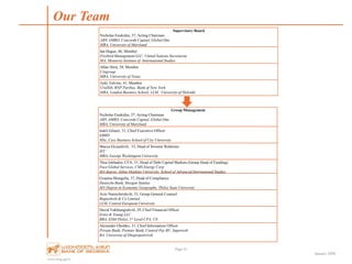 www.bog.ge/ir
January 2008
Our Team
Page 41
Supervisory Board
Nicholas Enukidze, 37, Acting Chairman
ABN AMRO, Concorde Capital, Global One
MBA, University of Maryland
Ian Hague, 46, Member
Firebird Management LLC, United Nations Secretariat
MA, Monterey Institute of International Studies
Allan Hirst, 58, Member
Citigroup
MBA, University of Texas
Jyrki Talvitie, 41, Member
UralSib, BNP Paribas, Bank of New York
MBA, London Business School; LLM, University of Helsinki
Group Management
Nicholas Enukidze, 37, Acting Chairman
ABN AMRO, Concorde Capital, Global One
MBA, University of Maryland
Irakli Gilauri, 31, Chief Executive Officer
EBRD
MSc, Cass Business School of City University
Macca Ekizashvili, 33, Head of Investor Relations
IFC
MBA, George Washington University
Thea Jokhadze, CFA, 31, Head of Debt Capital Markets (Group Head of Funding)
Pace Global Services, CMS Energy Corp
MA degree, Johns Hopkins University, School of Advanced International Studies
Gvantsa Shengelia, 37, Head of Compliance
Deutsche Bank, Morgan Stanley
MA Degree in Economic Geography, Tbilisi State University
Avto Namicheishvili, 33, Group General Counsel
Begiashvili & Co Limited
LLM, Central European University
David Vakhtangishvili, 29, Chief Financial Officer
Ernst & Young LLC
BBA, ESM-Tbilisi, 1st Level CPA, US
Alexander Oleshko, 31, Chief Information Officer
Private Bank, Premier Bank, Control Pay BV, Superweb
BA University of Dnepropetrovsk
 