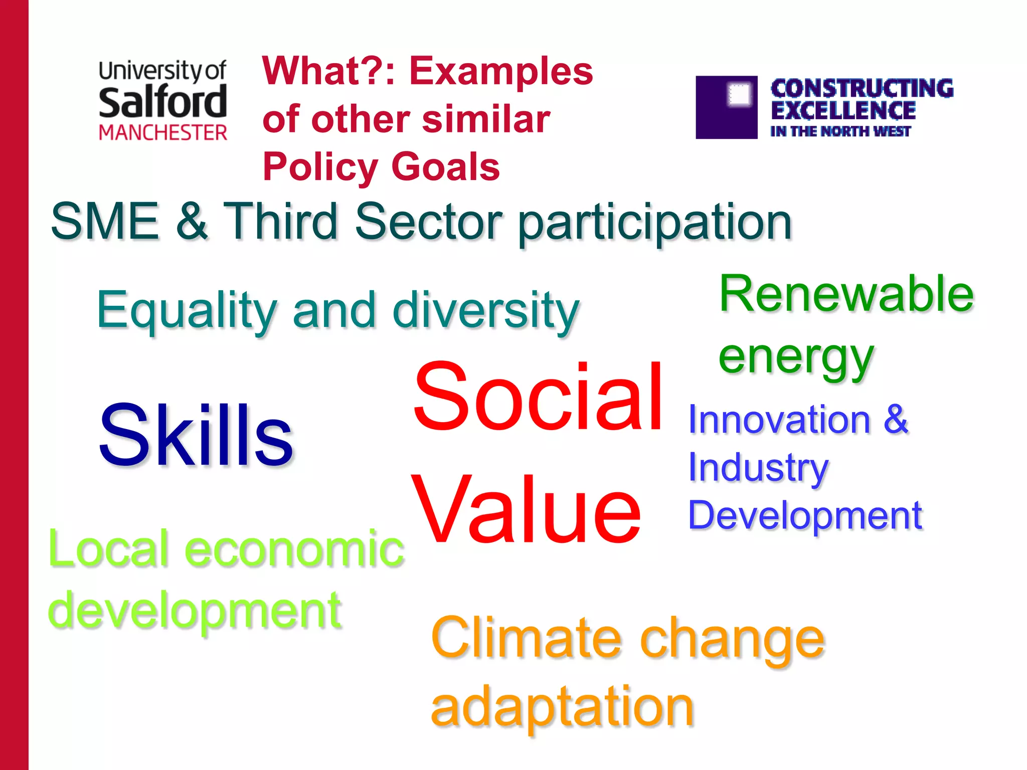 What?: Examples
of other similar
Policy Goals
Innovation &
Industry
Development
Equality and diversity
Skills
Local economic
development
Climate change
adaptation
SME & Third Sector participation
Renewable
energy
Social
Value
 