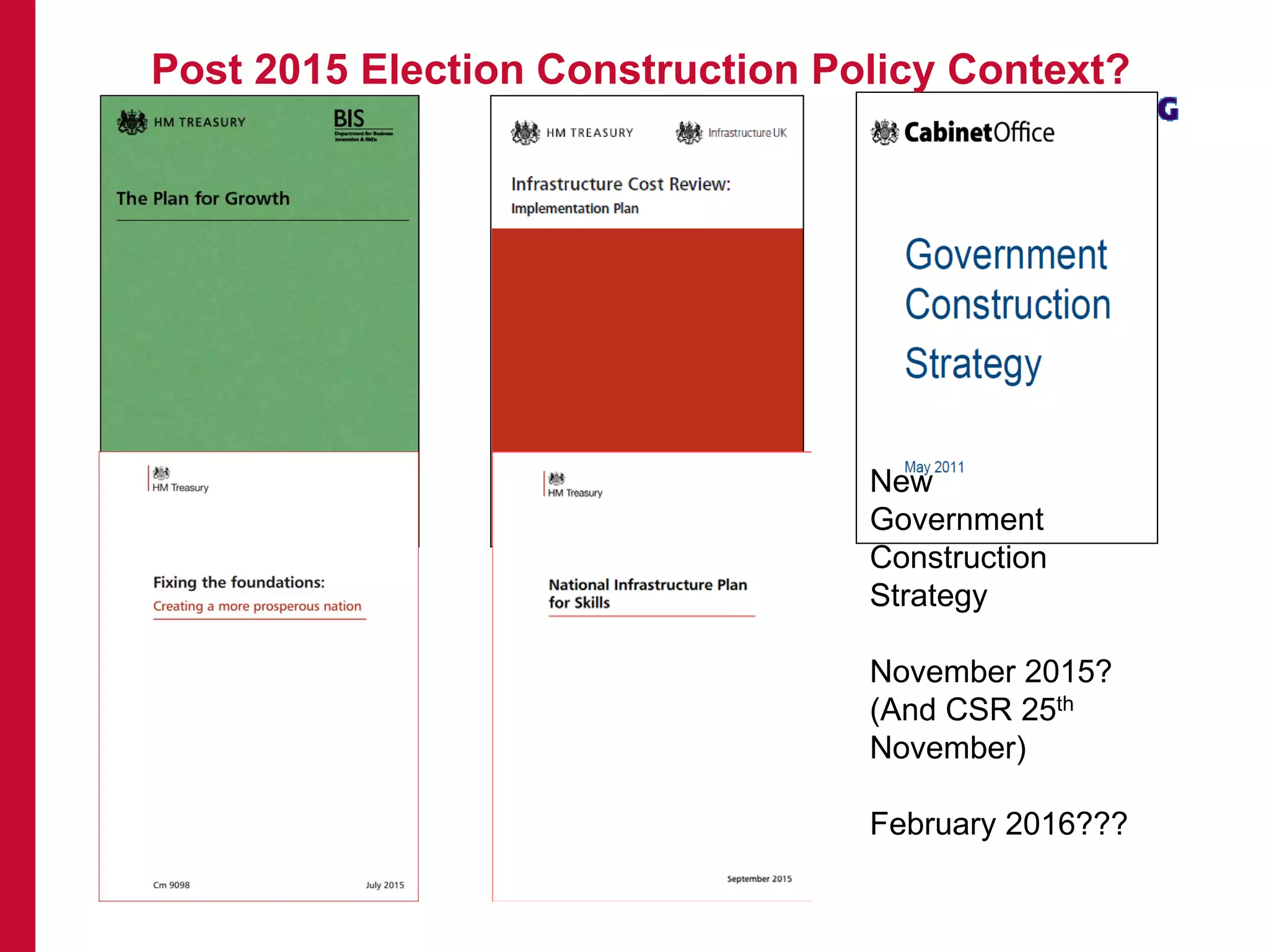 New
Government
Construction
Strategy
November 2015?
(And CSR 25th
November)
February 2016???
Post 2015 Election Construction Policy Context?
 
