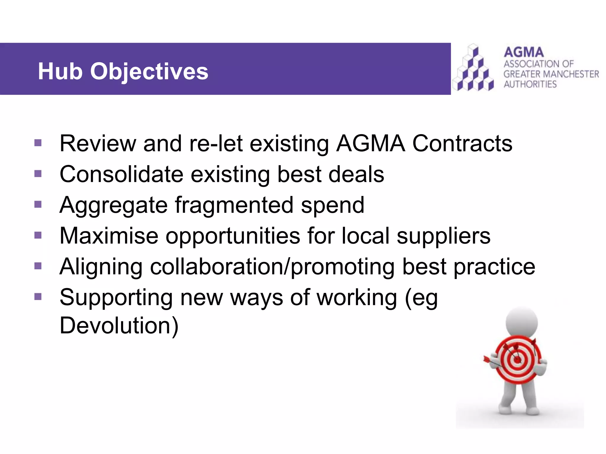 Hub Objectives
 Review and re-let existing AGMA Contracts
 Consolidate existing best deals
 Aggregate fragmented spend
 Maximise opportunities for local suppliers
 Aligning collaboration/promoting best practice
 Supporting new ways of working (eg
Devolution)
 