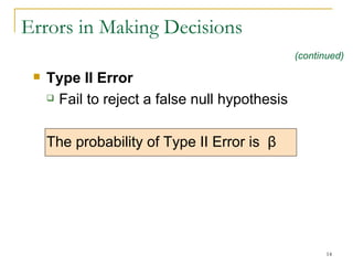 Errors in Making Decisions Type II Error Fail to reject a false null hypothesis The probability of Type II Error is  β (continued) 