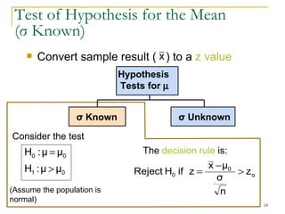 Test of Hypothesis  f or the Mean  ( σ  Known) Convert sample result (  ) to a  z value   The  decision rule  is: σ  Known σ  Unknown Hypothesis  Tests for   Consider the test (Assume the population is normal) 