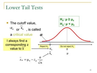 Lower Tail Tests Reject H 0 Do not reject H 0 The cutoff value,  or  , is called a  critical value  -z α x α - z α x α 0 μ H 0 :  μ   ≥   μ 0   H A :  μ  <  μ 0   I always find a corresponding z value to x 