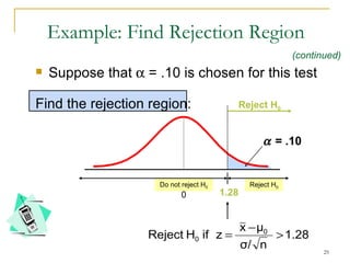 Suppose that    = .10 is chosen for this test Find the rejection region: Reject H 0 Do not reject H 0  = .10 1.28 0 Reject H 0 Example: Find Rejection Region (continued) 