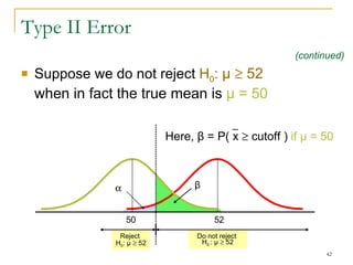 Type II Error Suppose we do not reject  H 0 :   μ     52  when in fact the true mean is  μ  = 50 Reject  H 0 :  μ     52 Do not reject  H 0  :  μ     52  52 50 β Here,  β  = P( x    cutoff )  if  μ  = 50 (continued) 