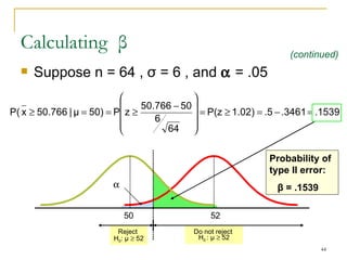 Suppose n = 64 ,  σ  = 6 , and    = .05 Calculating  β Reject  H 0 :  μ     52 Do not reject  H 0  :  μ     52  52 50 (continued) Probability of type II error:  β  = .1539 