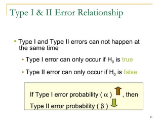 Type I & II Error Relationship Type I and Type II errors can not happen at the same time Type I error can only occur if H 0  is  true Type II error can only occur if H 0  is  false If Type I error probability (    )  , then  Type II error probability (  β  ) 