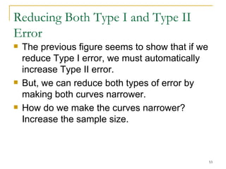 Reducing Both Type I and Type II Error The previous figure seems to show that if we reduce Type I error, we must automatically increase Type II error. But, we can reduce both types of error by making both curves narrower. How do we make the curves narrower? Increase the sample size. 
