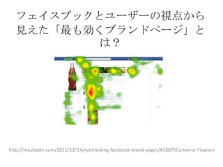 フェイスブックとユーザーの視点から
  見えた「最も効くブランドページ」と
          は？




http://mashable.com/2011/12/14/eyetracking-facebook-brand-pages/#38875Converse-Fixation
 