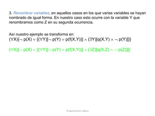 Programación Lógica 3.  Renombrar variables , en aquellos casos en los que varias variables se hayan nombrado de igual forma. En nuestro caso esto ocurre con la variable Y que renombramos como Z en su segunda ocurrencia. Así nuestro ejemplo se transforma en: (  X){   p(X)    {(  Y)[   p(Y)    p(f(X,Y))]    (  Y)[q(X,Y)       p(Y)]}} (  X){   p(X)    {(  Y)[   p(Y)    p(f(X,Y))]    (  Z)[q(X,Z)       p(Z)]}} 
