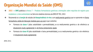 Organização Mundial da Saúde (OMS)
❖ 2015 → OMS publicou o Anexo 7 – Produtos farmacêuticos genéricos: orientações sobre requisitos de registro para
estabelecer a intercambialidade na Série de relatórios técnicos da OMS Nº 992, 2015
❖ Recomenda-se a isenção de estudos de bioequivalência in vivo a um medicamento genérico que se apresente na forma
farmacêutica sólida de liberação imediata para uso oral e que contenha:
➢ Fármacos da classe I (altas solubilidade e permeabilidade), se os medicamentos genérico e de referência se
dissolverem muito rapidamente ou de forma similarmente rápida
➢ Fármacos da classe III (alta solubilidade e baixa permeabilidade), se os medicamentos genérico e de referência
se dissolverem muito rapidamente
(WHO, 2015)
 
