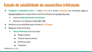 Estudo de solubilidade da amoxicilina triidratada
❖ Thambavita e colaboradores (2017) → Avaliar o risco de se permitir a bioisenção para formulações sólidas de
liberação imediata para uso oral contendo amoxicilina triidratada como princípio ativo único
➢ A partir de dados experimentais e da literatura
➢ Baseando-se nas legislações da FDA, EMA e OMS
❖ Identificou-se uma solubilidade aquosa variando de 1 a 10 mg/mL
❖ Maioria dos estudos da literatura
➢ Falta de informações acerca dos ensaios
■ Métodos analíticos
■ Tempo de coleta de amostras
■ pH final da solução
■ Temperatura
(THAMBAVITA et al., 2017)
 