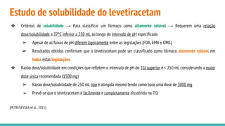 Estudo de solubilidade do levetiracetam
❖ Critérios de solubilidade → Para classificar um fármaco como altamente solúvel → Requerem uma relação
dose/solubilidade a 37°C inferior a 250 mL ao longo do intervalo de pH especificado
➢ Apesar de as faixas de pH diferem ligeiramente entre as legislações (FDA, EMA e OMS)
➢ Resultados obtidos confirmam que o levetiracetam pode ser classificado como fármaco altamente solúvel em
todas estas legislações
❖ Razão dose/solubilidade em condições que refletem o intervalo de pH do TGI superior é < 250 mL considerando a maior
dose única recomendada (1500 mg)
➢ Razão dose/solubilidade de 250 mL não é atingida mesmo tendo como base uma dose de 3000 mg
➢ Prevê-se que o levetiracetam é facilmente e completamente dissolvido no TGI
(PETRUSEVSKA et al., 2015)
 