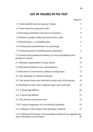 ix
LIST OF FIGURES IN THE TEXT
Page no.
1.1 Total installed electrical capacity in India 3
1.2 Total electricity produced in India 3
1.3 Percentage population with access to electricity 4
1.4 Number of people without electricity in key states 5
1.5 Electrification vs. unreliability plot 6
1.6 Transmission and distribution loss percentage 7
1.7 Projected growth of distributed power generation 9
1.8 Technical and commercial maturity of various distributed power
production systems. 10
2.1 Schematic representation of a gas turbine 15
2.2 Ideal and real Brayton cycle representations. 15
2.3 Derivation of conventional combustor configuration 17
2.4: The flametube of a tubular combustor 18
2.5: The annular flame tube with holes on both sides of the annulus. 18
2.6 Illustration of three main combustor types used in aircrafts 19
2.7: A Dump type diffuser 20
2.8: A faired type diffuser 21
2.9: The primary recirculation zone 22
2.10: Various components of a conventional combustor 24
2.11: Influence of hole shape on the discharge coefficient 27
2.12: Influence of hole type on the discharge coefficient (see appendix for
more information on hole types) 28
 