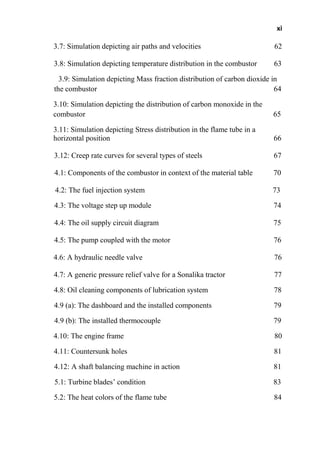xi
3.7: Simulation depicting air paths and velocities 62
3.8: Simulation depicting temperature distribution in the combustor 63
3.9: Simulation depicting Mass fraction distribution of carbon dioxide in
the combustor 64
3.10: Simulation depicting the distribution of carbon monoxide in the
combustor 65
3.11: Simulation depicting Stress distribution in the flame tube in a
horizontal position 66
3.12: Creep rate curves for several types of steels 67
4.1: Components of the combustor in context of the material table 70
4.2: The fuel injection system 73
4.3: The voltage step up module 74
4.4: The oil supply circuit diagram 75
4.5: The pump coupled with the motor 76
4.6: A hydraulic needle valve 76
4.7: A generic pressure relief valve for a Sonalika tractor 77
4.8: Oil cleaning components of lubrication system 78
4.9 (a): The dashboard and the installed components 79
4.9 (b): The installed thermocouple 79
4.10: The engine frame 80
4.11: Countersunk holes 81
4.12: A shaft balancing machine in action 81
5.1: Turbine blades’ condition 83
5.2: The heat colors of the flame tube 84
 