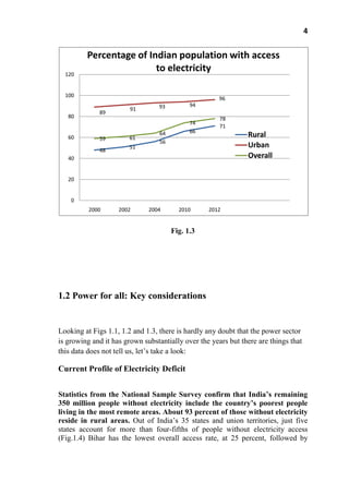 4
Fig. 1.3
1.2 Power for all: Key considerations
Looking at Figs 1.1, 1.2 and 1.3, there is hardly any doubt that the power sector
is growing and it has grown substantially over the years but there are things that
this data does not tell us, let’s take a look:
Current Profile of Electricity Deficit
Statistics from the National Sample Survey confirm that India’s remaining
350 million people without electricity include the country’s poorest people
living in the most remote areas. About 93 percent of those without electricity
reside in rural areas. Out of India’s 35 states and union territories, just five
states account for more than four-fifths of people without electricity access
(Fig.1.4) Bihar has the lowest overall access rate, at 25 percent, followed by
48
51
56
66
71
89
91 93 94
96
59 61
64
74
78
0
20
40
60
80
100
120
2000 2002 2004 2010 2012
Percentage of Indian population with access
to electricity
Rural
Urban
Overall
 