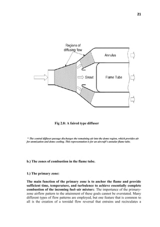 21
Fig 2.8: A faired type diffuser
* The central diffuser passage discharges the remaining air into the dome region, which provides air
for atomization and dome cooling. This representation is for an aircraft’s annular flame tube.
b.) The zones of combustion in the flame tube.
1.) The primary zone:
The main function of the primary zone is to anchor the flame and provide
sufficient time, temperature, and turbulence to achieve essentially complete
combustion of the incoming fuel–air mixture. The importance of the primary-
zone airflow pattern to the attainment of these goals cannot be overstated. Many
different types of flow patterns are employed, but one feature that is common to
all is the creation of a toroidal flow reversal that entrains and recirculates a
 