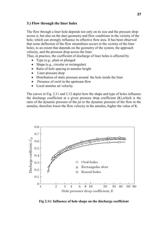 27
3.) Flow through the liner holes
The flow through a liner hole depends not only on its size and the pressure drop
across it, but also on the duct geometry and flow conditions in the vicinity of the
hole, which can strongly influence its effective flow area. It has been observed
that some deflection of the flow streamlines occurs in the vicinity of the liner
holes, to an extent that depends on the geometry of the system, the approach
velocity, and the pressure drop across the liner.
Thus, in practice, the coefficient of discharge of liner holes is affected by
Type (e.g., plain or plunged
Shape (e.g., circular or rectangular)
Ratio of hole spacing to annulus height
Liner pressure drop
Distribution of static pressure around the hole inside the liner
Presence of swirl in the upstream flow
Local annulus air velocity
The curves in Fig. 2.11 and 2.12 depict how the shape and type of holes influence
the discharge coefficient at a given pressure drop coefficient (K),which is the
ratio of the dynamic pressure of the jet to the dynamic pressure of the flow in the
annulus, therefore lower the flow velocity in the annulus, higher the value of K.
Fig 2.11: Influence of hole shape on the discharge coefficient
 