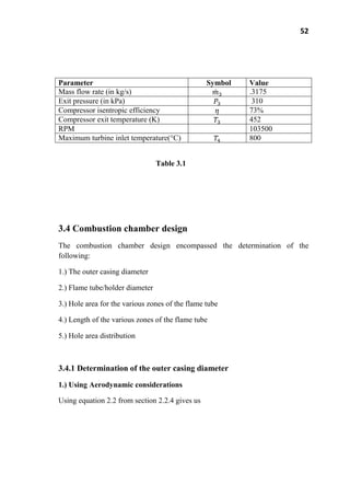 52
Parameter Symbol Value
Mass flow rate (in kg/s) .3175
Exit pressure (in kPa) 310
Compressor isentropic efficiency 73%
Compressor exit temperature (K) 452
RPM 103500
Maximum turbine inlet temperature(°C) 800
Table 3.1
3.4 Combustion chamber design
The combustion chamber design encompassed the determination of the
following:
1.) The outer casing diameter
2.) Flame tube/holder diameter
3.) Hole area for the various zones of the flame tube
4.) Length of the various zones of the flame tube
5.) Hole area distribution
3.4.1 Determination of the outer casing diameter
1.) Using Aerodynamic considerations
Using equation 2.2 from section 2.2.4 gives us
 
