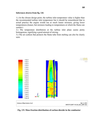 64
Inferences drawn from fig. 3.8:
1.) At the chosen design point, the turbine inlet temperature value is higher than
the recommended turbine inlet temperature but it should be remembered that in
actual practice the engine would run at much leaner mixtures, giving lower
temperatures.(leaner, but mixtures leading to temperatures at which the flame can
sustain.)
2.) The temperature distribution at the turbine inlet plane seems pretty
homogenous, signifying a good amount of mixing.
3.) The air cushion that protects the flame tube from melting can also be clearly
seen.
Fig. 3.9: Mass fraction distribution of carbon dioxide in the combustor
 