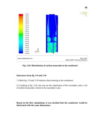 65
Fig. 3.10: Distribution of carbon monoxide in the combustor
Inferences from fig. 3.9 and 3.10
1.) Both fig. 3.9 and 3.10 indicate clean burning in the combustor
2.) Looking at fig. 3.10, one can see the importance of the secondary zone, a lot
of carbon monoxide is burnt in the secondary zone.
Based on the flow simulations, it was decided that the combustor would be
fabricated with the same dimensions.
 
