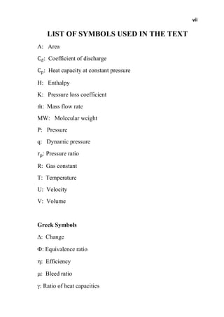 vii
LIST OF SYMBOLS USED IN THE TEXT
A: Area
: Coefficient of discharge
: Heat capacity at constant pressure
H: Enthalpy
K: Pressure loss coefficient
: Mass flow rate
MW: Molecular weight
P: Pressure
q: Dynamic pressure
: Pressure ratio
R: Gas constant
T: Temperature
U: Velocity
V: Volume
Greek Symbols
: Change
: Equivalence ratio
: Efficiency
: Bleed ratio
: Ratio of heat capacities
 