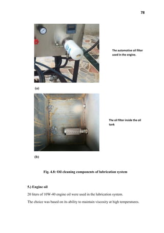 78
(a)
(b)
Fig. 4.8: Oil cleaning components of lubrication system
5.) Engine oil
20 liters of 10W-40 engine oil were used in the lubrication system.
The choice was based on its ability to maintain viscosity at high temperatures.
The automotive oil filter
used in the engine.
The oil filter inside the oil
tank
 