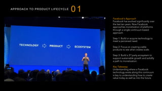 APPROACH TO PRODUCT LIFECYCLE
01
Facebook’s Approach
Facebook has evolved significantly over
the last ten years. Now Facebook
approaches monetization of platforms
through a single continuum based
approach.
Step 1: Build or acquire technology to
meet a perceived need.
Step 2: Focus on creating viable
products to see what creates scale.
Step 3: Build a 3rd party ecosystem to
support sustainable growth and solidify
a path to monetization.
Key Takeaway
Understanding where a Facebook
technology exists along this continuum
is key to understanding how to create
value today as well as into the future.
 