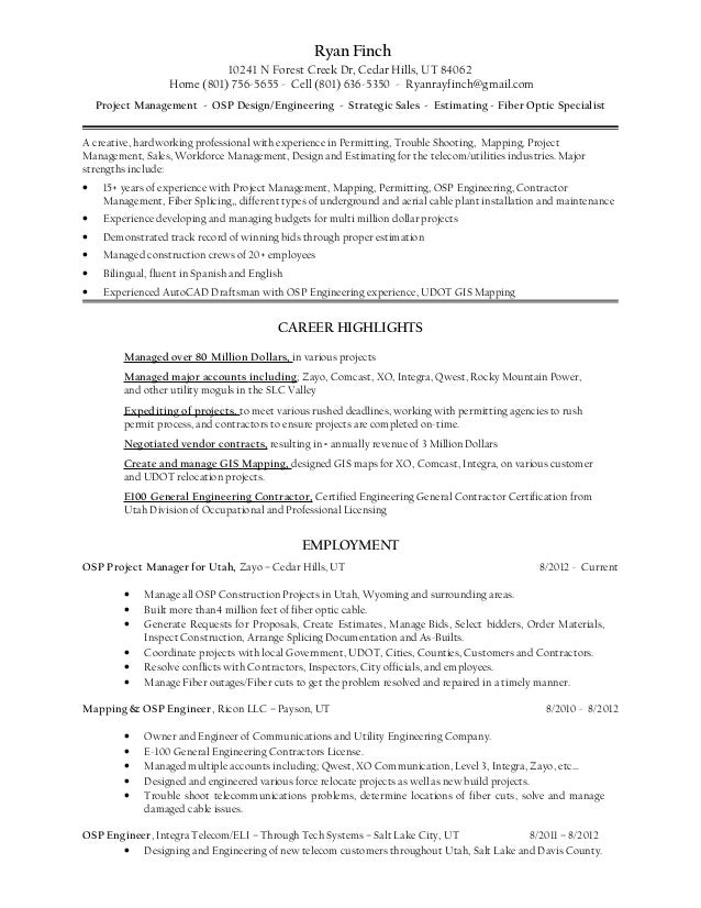 ryan finch resume osp project manager telecom manager resumes