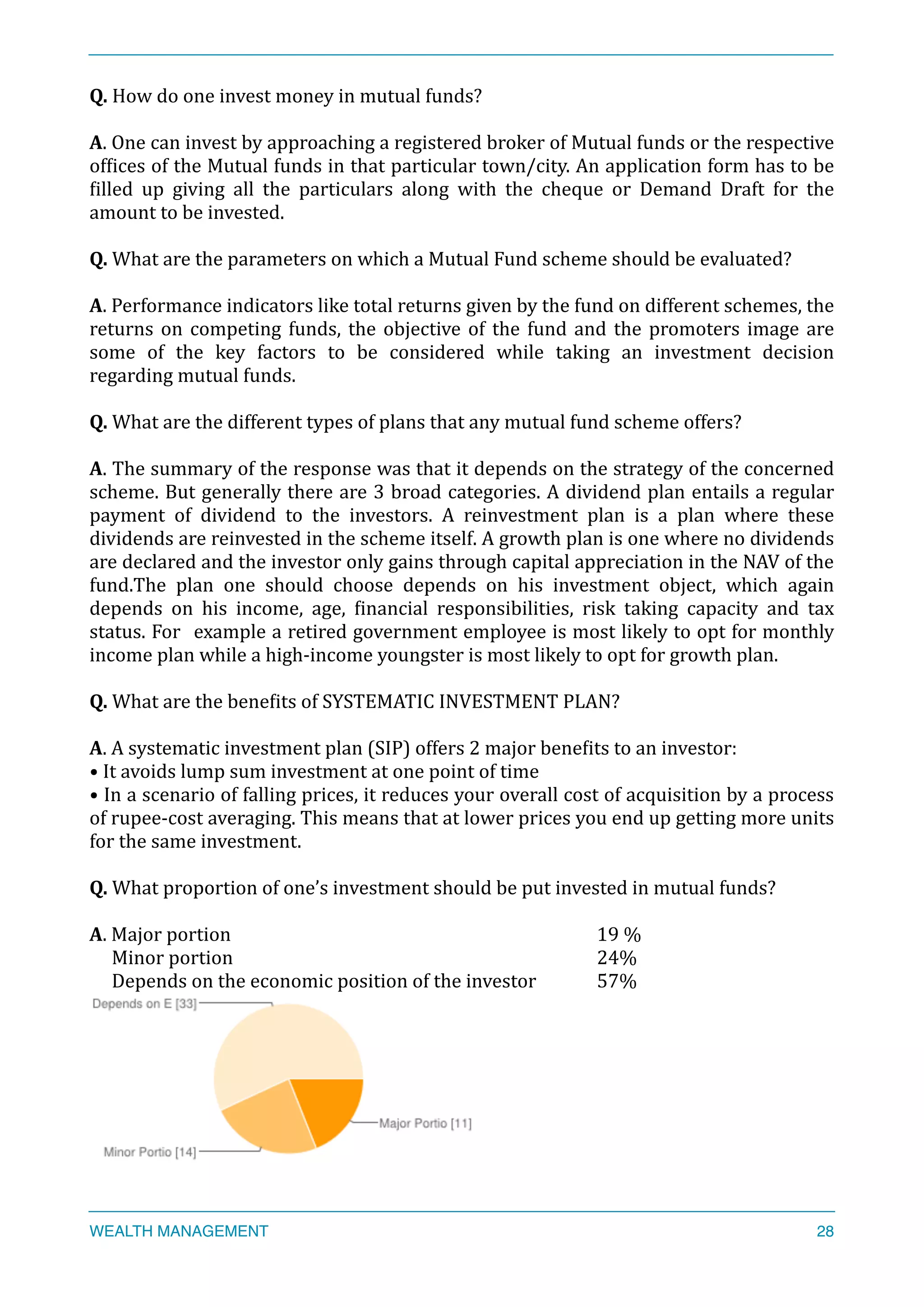 Q.	
  How	
  do	
  one	
  invest	
  money	
  in	
  mutual	
  funds?	
  
A.	
  One	
  can	
  invest	
  by	
  approaching	
  a	
  registered	
  broker	
  of	
  Mutual	
  funds	
  or	
  the	
  respective	
  
ofXices	
  of	
  the	
  Mutual	
  funds	
  in	
  that	
  particular	
  town/city.	
  An	
  application	
  form	
  has	
  to	
  be	
  
Xilled	
   up	
   giving	
   all	
   the	
   particulars	
   along	
   with	
   the	
   cheque	
   or	
   Demand	
   Draft	
   for	
   the	
  
amount	
  to	
  be	
  invested.	
  
Q.	
  What	
  are	
  the	
  parameters	
  on	
  which	
  a	
  Mutual	
  Fund	
  scheme	
  should	
  be	
  evaluated?	
  
A.	
  Performance	
  indicators	
  like	
  total	
  returns	
  given	
  by	
  the	
  fund	
  on	
  different	
  schemes,	
  the	
  
returns	
  on	
  competing	
  funds,	
  the	
  objective	
  of	
  the	
  fund	
  and	
  the	
  promoters	
  image	
  are	
  
some	
   of	
   the	
   key	
   factors	
   to	
   be	
   considered	
   while	
   taking	
   an	
   investment	
   decision	
  
regarding	
  mutual	
  funds.	
  
Q.	
  What	
  are	
  the	
  different	
  types	
  of	
  plans	
  that	
  any	
  mutual	
  fund	
  scheme	
  offers?	
  
A.	
  The	
  summary	
  of	
  the	
  response	
  was	
  that	
  it	
  depends	
  on	
  the	
  strategy	
  of	
  the	
  concerned	
  
scheme.	
  But	
  generally	
  there	
  are	
  3	
  broad	
  categories.	
  A	
  dividend	
  plan	
  entails	
  a	
  regular	
  	
  
payment	
   of	
   dividend	
   to	
   the	
   investors.	
   A	
   reinvestment	
   plan	
   is	
   a	
   plan	
   where	
   these	
  
dividends	
  are	
  reinvested	
  in	
  the	
  scheme	
  itself.	
  A	
  growth	
  plan	
  is	
  one	
  where	
  no	
  dividends	
  
are	
  declared	
  and	
  the	
  investor	
  only	
  gains	
  through	
  capital	
  appreciation	
  in	
  the	
  NAV	
  of	
  the	
  
fund.The	
   plan	
   one	
   should	
   choose	
   depends	
   on	
   his	
   investment	
   object,	
   which	
   again	
  
depends	
   on	
   his	
   income,	
   age,	
   Xinancial	
   responsibilities,	
   risk	
   taking	
   capacity	
   and	
   tax	
  
status.	
  For	
  	
  example	
  a	
  retired	
  government	
  employee	
  is	
  most	
  likely	
  to	
  opt	
  for	
  monthly	
  
income	
  plan	
  while	
  a	
  high-­‐income	
  youngster	
  is	
  most	
  likely	
  to	
  opt	
  for	
  growth	
  plan.	
  
Q.	
  What	
  are	
  the	
  beneXits	
  of	
  SYSTEMATIC	
  INVESTMENT	
  PLAN?	
  
A.	
  A	
  systematic	
  investment	
  plan	
  (SIP)	
  offers	
  2	
  major	
  beneXits	
  to	
  an	
  investor:	
  
•	
  It	
  avoids	
  lump	
  sum	
  investment	
  at	
  one	
  point	
  of	
  time	
  
•	
  In	
  a	
  scenario	
  of	
  falling	
  prices,	
  it	
  reduces	
  your	
  overall	
  cost	
  of	
  acquisition	
  by	
  a	
  process	
  
of	
  rupee-­‐cost	
  averaging.	
  This	
  means	
  that	
  at	
  lower	
  prices	
  you	
  end	
  up	
  getting	
  more	
  units	
  
for	
  the	
  same	
  investment.	
  
Q.	
  What	
  proportion	
  of	
  one’s	
  investment	
  should	
  be	
  put	
  invested	
  in	
  mutual	
  funds?	
  
A.	
  Major	
  portion	
  	
   	
   	
   	
   	
   	
   	
   	
  19	
  %	
  
	
  	
  	
  	
  	
  Minor	
  portion	
  	
   	
   	
   	
   	
   	
   	
   	
  24%	
  
	
  	
  	
  	
  	
  Depends	
  on	
  the	
  economic	
  position	
  of	
  the	
  investor	
  	
   	
  57%	
  
	
  
WEALTH MANAGEMENT 28
 