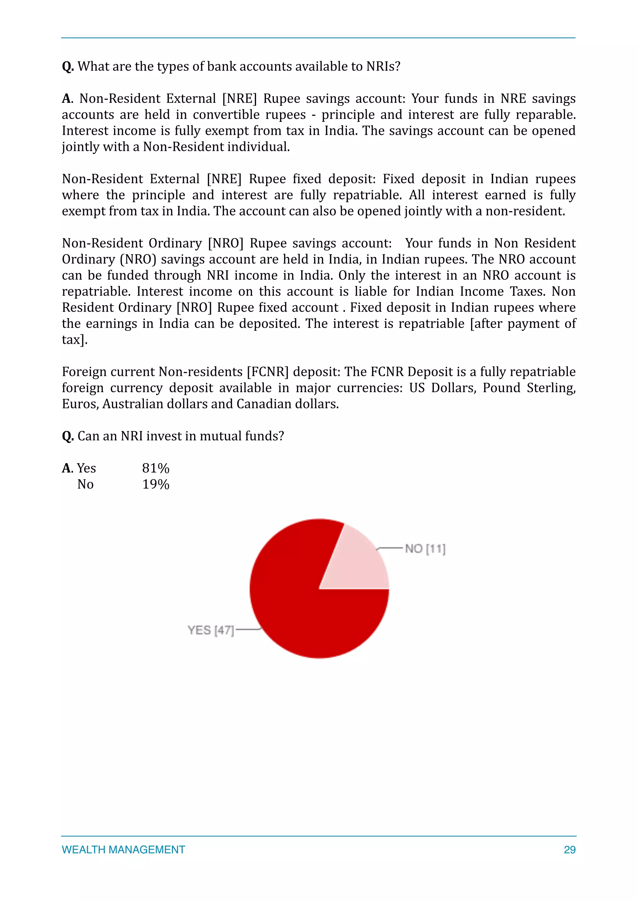 Q.	
  What	
  are	
  the	
  types	
  of	
  bank	
  accounts	
  available	
  to	
  NRIs?	
  
A.	
   Non-­‐Resident	
   External	
   [NRE]	
   Rupee	
   savings	
   account:	
   Your	
   funds	
   in	
   NRE	
   savings	
  
accounts	
   are	
   held	
   in	
   convertible	
   rupees	
   -­‐	
   principle	
   and	
   interest	
   are	
   fully	
   reparable.	
  
Interest	
  income	
  is	
  fully	
  exempt	
  from	
  tax	
  in	
  India.	
  The	
  savings	
  account	
  can	
  be	
  opened	
  
jointly	
  with	
  a	
  Non-­‐Resident	
  individual.	
  	
  
Non-­‐Resident	
   External	
   [NRE]	
   Rupee	
   Xixed	
   deposit:	
   Fixed	
   deposit	
   in	
   Indian	
   rupees	
  
where	
   the	
   principle	
   and	
   interest	
   are	
   fully	
   repatriable.	
   All	
   interest	
   earned	
   is	
   fully	
  
exempt	
  from	
  tax	
  in	
  India.	
  The	
  account	
  can	
  also	
  be	
  opened	
  jointly	
  with	
  a	
  non-­‐resident.	
  
Non-­‐Resident	
   Ordinary	
   [NRO]	
   Rupee	
   savings	
   account:	
   	
   Your	
   funds	
   in	
   Non	
   Resident	
  
Ordinary	
  (NRO)	
  savings	
  account	
  are	
  held	
  in	
  India,	
  in	
  Indian	
  rupees.	
  The	
  NRO	
  account	
  
can	
  be	
  funded	
  through	
  NRI	
  income	
  in	
  India.	
  Only	
  the	
  interest	
  in	
  an	
  NRO	
  account	
  is	
  
repatriable.	
   Interest	
   income	
   on	
   this	
   account	
   is	
   liable	
   for	
   Indian	
   Income	
   Taxes.	
   Non	
  
Resident	
  Ordinary	
  [NRO]	
  Rupee	
  Xixed	
  account	
  .	
  Fixed	
  deposit	
  in	
  Indian	
  rupees	
  where	
  
the	
  earnings	
  in	
  India	
  can	
  be	
  deposited.	
  The	
  interest	
  is	
  repatriable	
  [after	
  payment	
  of	
  
tax].	
  
Foreign	
  current	
  Non-­‐residents	
  [FCNR]	
  deposit:	
  The	
  FCNR	
  Deposit	
  is	
  a	
  fully	
  repatriable	
  
foreign	
   currency	
   deposit	
   available	
   in	
   major	
   currencies:	
   US	
   Dollars,	
   Pound	
   Sterling,	
  
Euros,	
  Australian	
  dollars	
  and	
  Canadian	
  dollars.	
  
Q.	
  Can	
  an	
  NRI	
  invest	
  in	
  mutual	
  funds?	
  
A.	
  Yes	
  	
  	
   	
  81%	
  
	
  	
  	
  	
  	
  No	
  	
  	
   	
  19%	
  
	
  	
  	
  
	
  
WEALTH MANAGEMENT 29
 