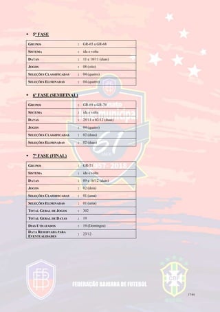 17/44
 5ª FASE
GRUPOS : GR-65 a GR-68
SISTEMA : ida e volta
DATAS : 11 e 18/11 (duas)
JOGOS : 08 (oito)
SELEÇÕES CLASSIFICADAS : 04 (quatro)
SELEÇÕES ELIMINADAS : 04 (quatro)
 6ª FASE (SEMIFINAL)
GRUPOS : GR-69 a GR-70
SISTEMA : ida e volta
DATAS : 25/11 e 02/12 (duas)
JOGOS : 04 (quatro)
SELEÇÕES CLASSIFICADAS : 02 (duas)
SELEÇÕES ELIMINADAS : 02 (duas)
 7ª FASE (FINAL)
GRUPOS : GR-71
SISTEMA : ida e volta
DATAS : 09 e 16/12 (duas)
JOGOS : 02 (dois)
SELEÇÕES CLASSIFICADAS : 01 (uma)
SELEÇÕES ELIMINADAS : 01 (uma)
TOTAL GERAL DE JOGOS : 302
TOTAL GERAL DE DATAS : 19
DIAS UTILIZADOS : 19 (Domingos)
DATA RESERVADA PARA
EVENTUALIDADES
: 23/12
 